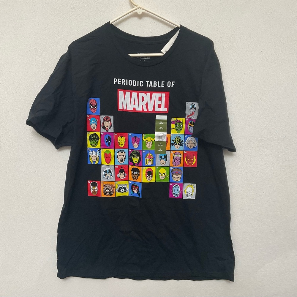 NWT Periodic Table Of Marvel Colorful Superhero Graphic T-Shirt Size XL & L